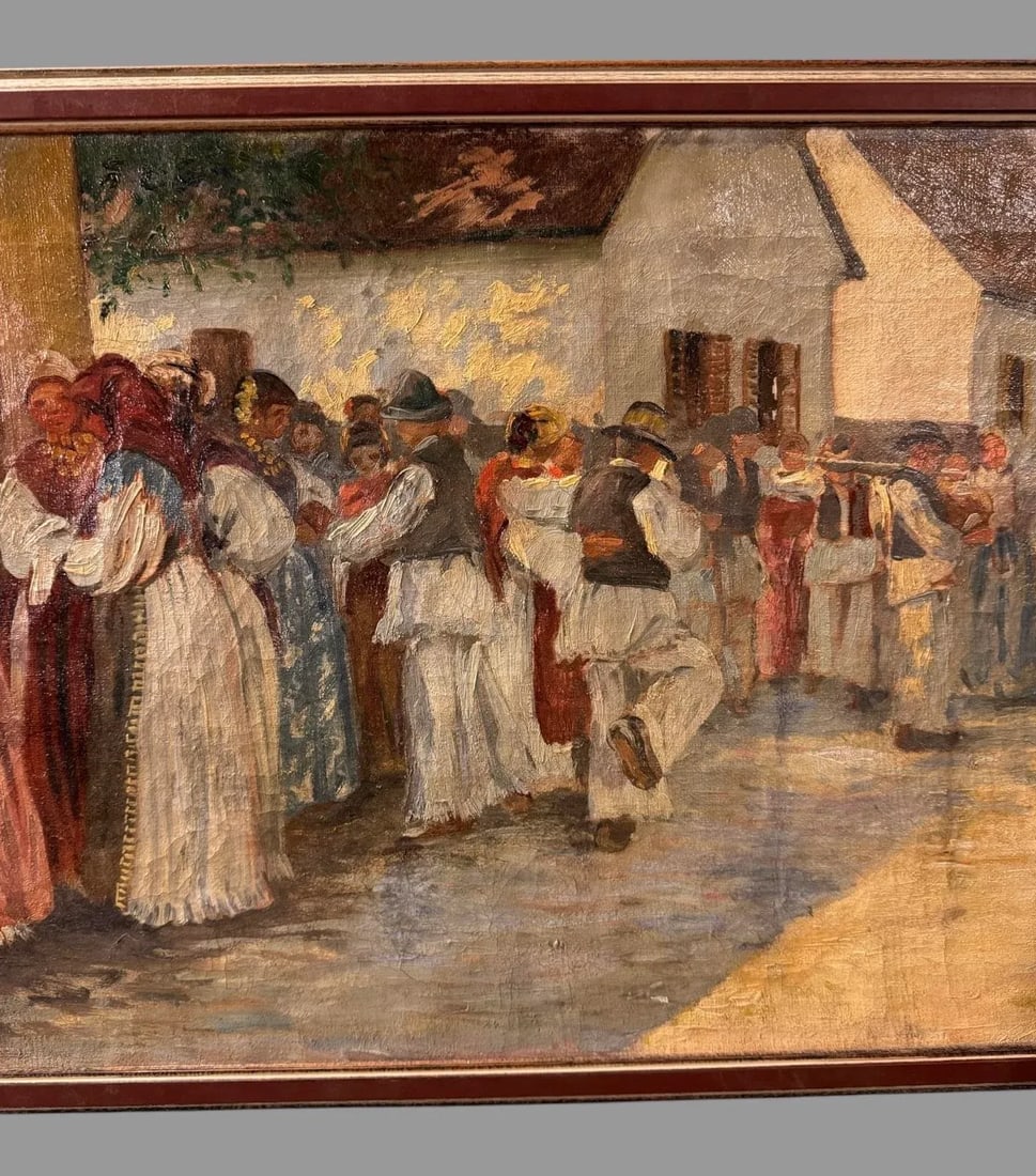Vintage Artist Signed 1923 Landscape Street Scene People Oil Painting on Canvas, Framed - 5