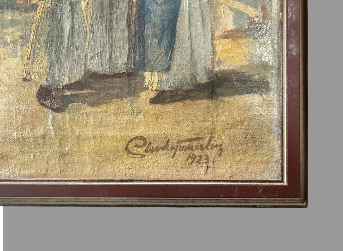 Vintage Artist Signed 1923 Landscape Street Scene People Oil Painting on Canvas, Framed - 6