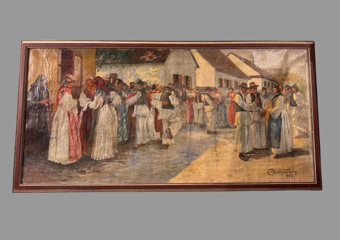 Vintage Artist Signed 1923 Landscape Street Scene People Oil Painting on Canvas, Framed - 7