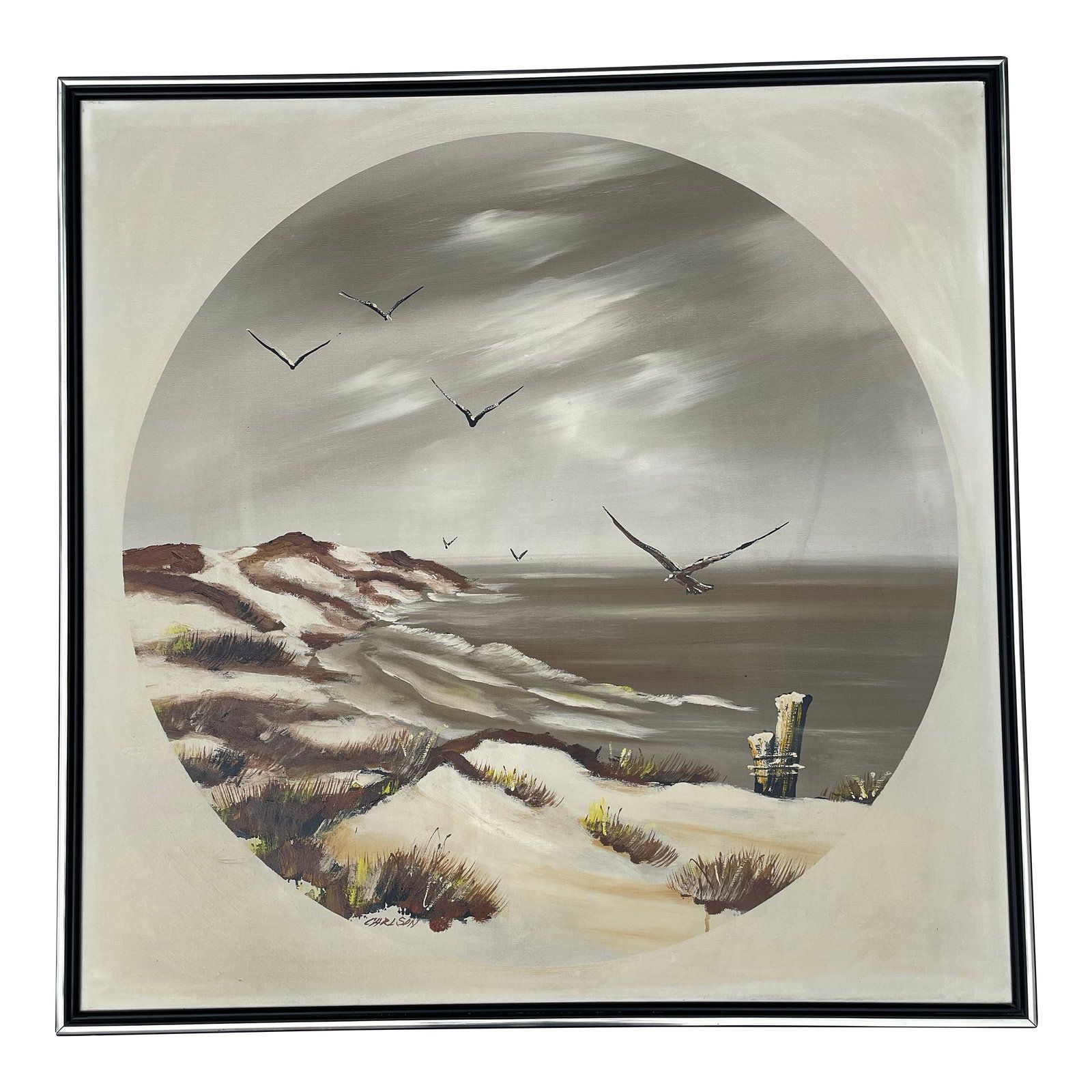 Mid 20th Century Signed Carlson Seascape Oil Painting - Gulls & Dunes on Canvas: A mid-century original oil or acrylic on canvas seascape shore scene painting of sand dunes with sea gulls by Californian artist Carlson. The painting features earth tones of white, beiges, browns, gr
