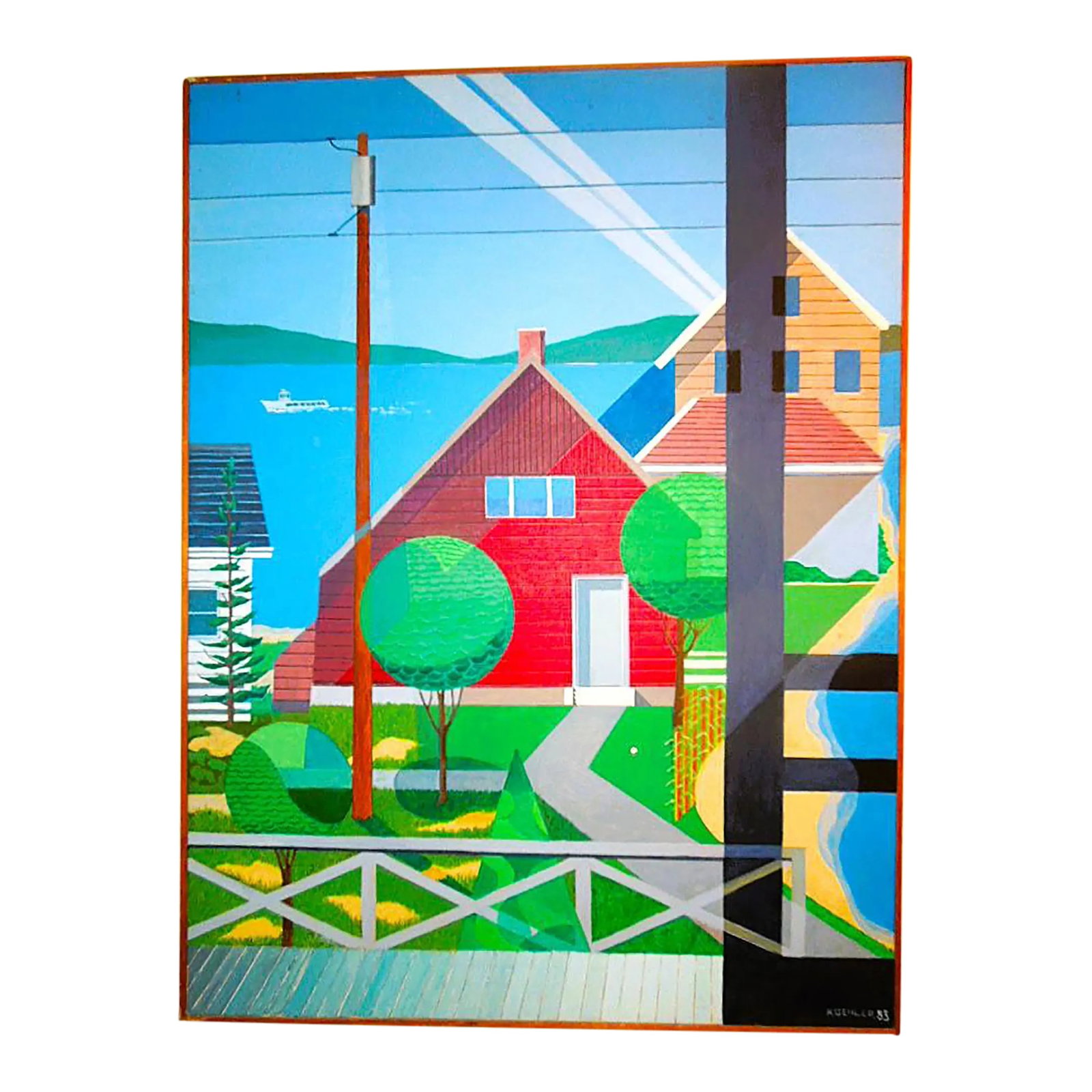 1983 Signed Precissionist Oil on Canvas Harbor Scene, Framed: Offered is an vivid large harbor scene painted in precisionist style reminiscent of Charles Sheeler and Rawston Crawford. Possibly Long Island, Rockport or another northeastern shore town. Viewed