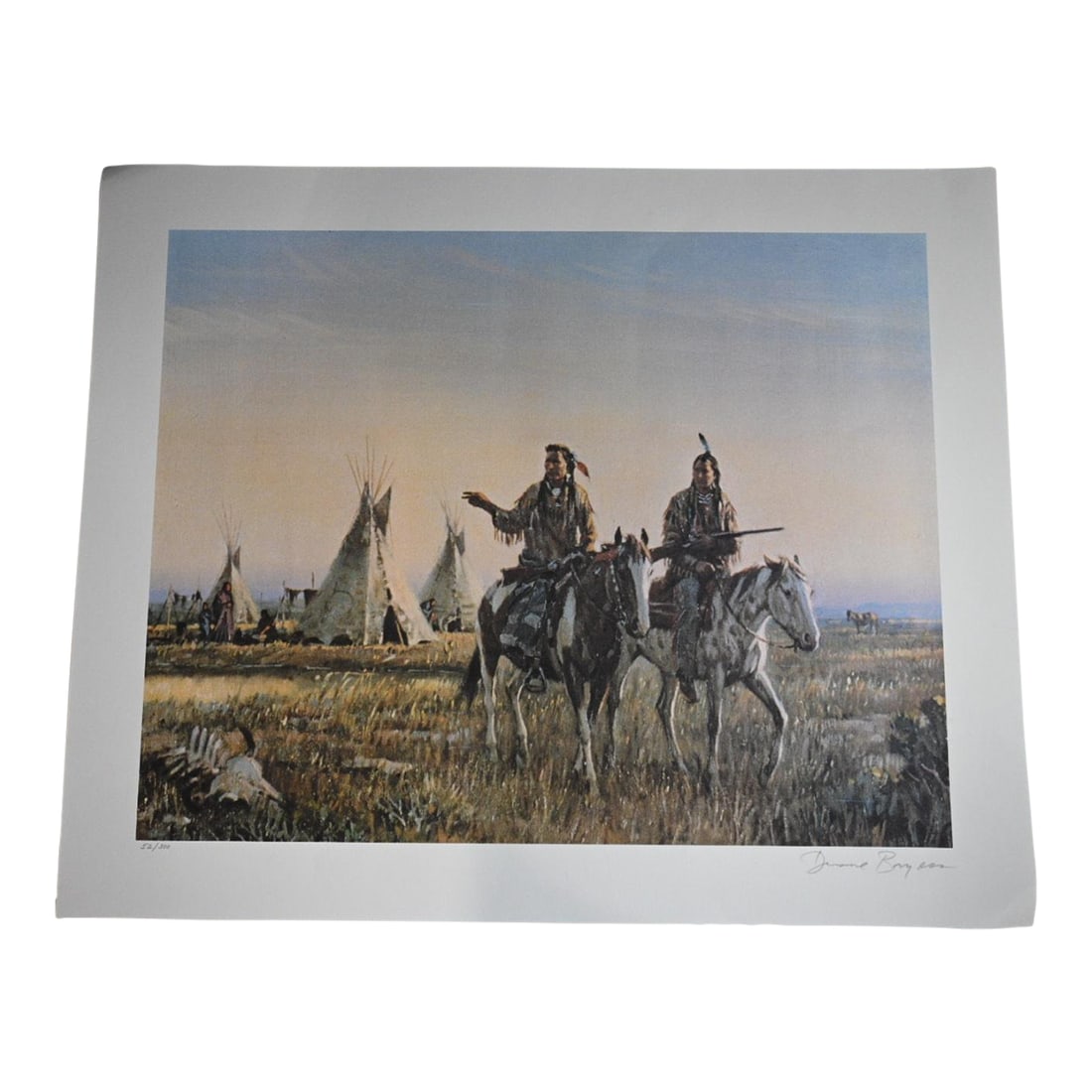 1970s Duane Bryers "The Hunters" Signed Limited Edition Print 52/300: Offered for sale is an evocative and beautifully rendered limited edition lithograph titled "Return of the Hunters" by renowned American Western artist Duane Bryers. This signed and numbered