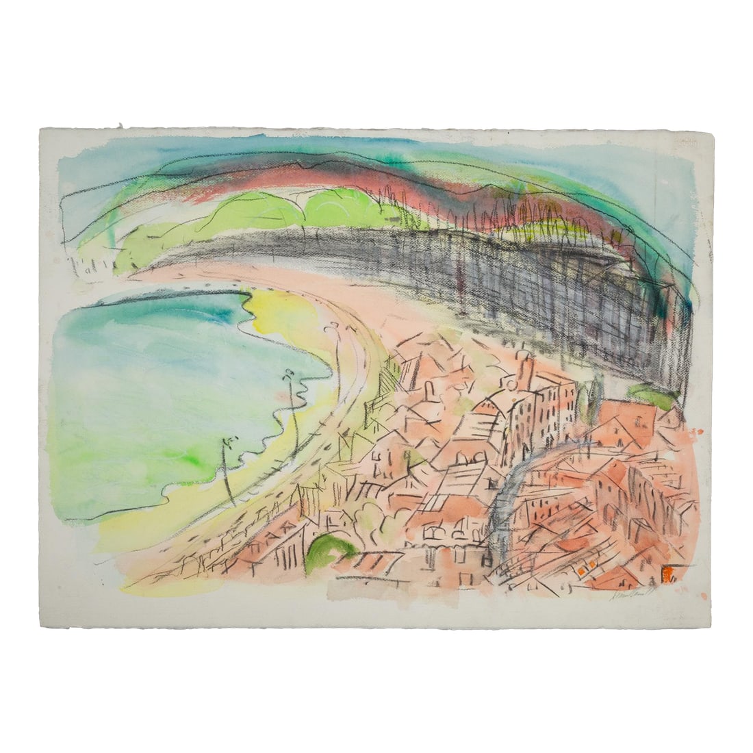 Mid Century Watercolor and Charcoal Artwork, Town by Bay, Signed: ABOUT An original mid century watercolor and charcoal artwork on paper. The piece depicts a seaside town by a bay. The style is abstract and the pallet uses pastels. The work is signed by the artist.