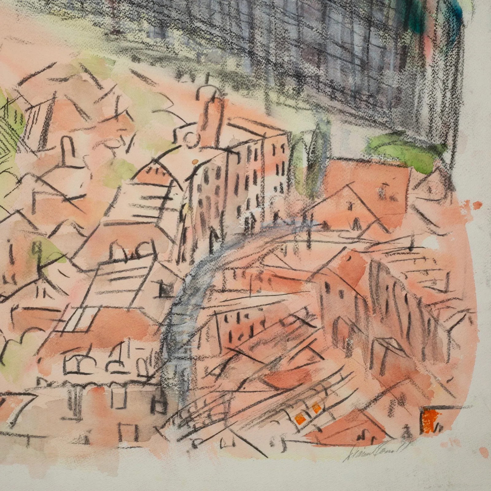 Mid Century Watercolor and Charcoal Artwork, Town by Bay, Signed - 2