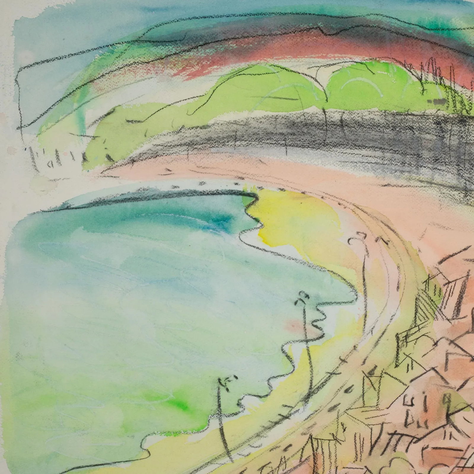 Mid Century Watercolor and Charcoal Artwork, Town by Bay, Signed - 3