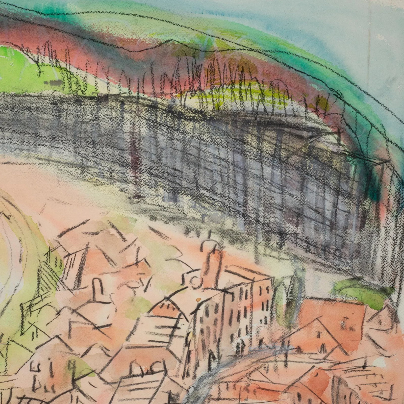 Mid Century Watercolor and Charcoal Artwork, Town by Bay, Signed - 4