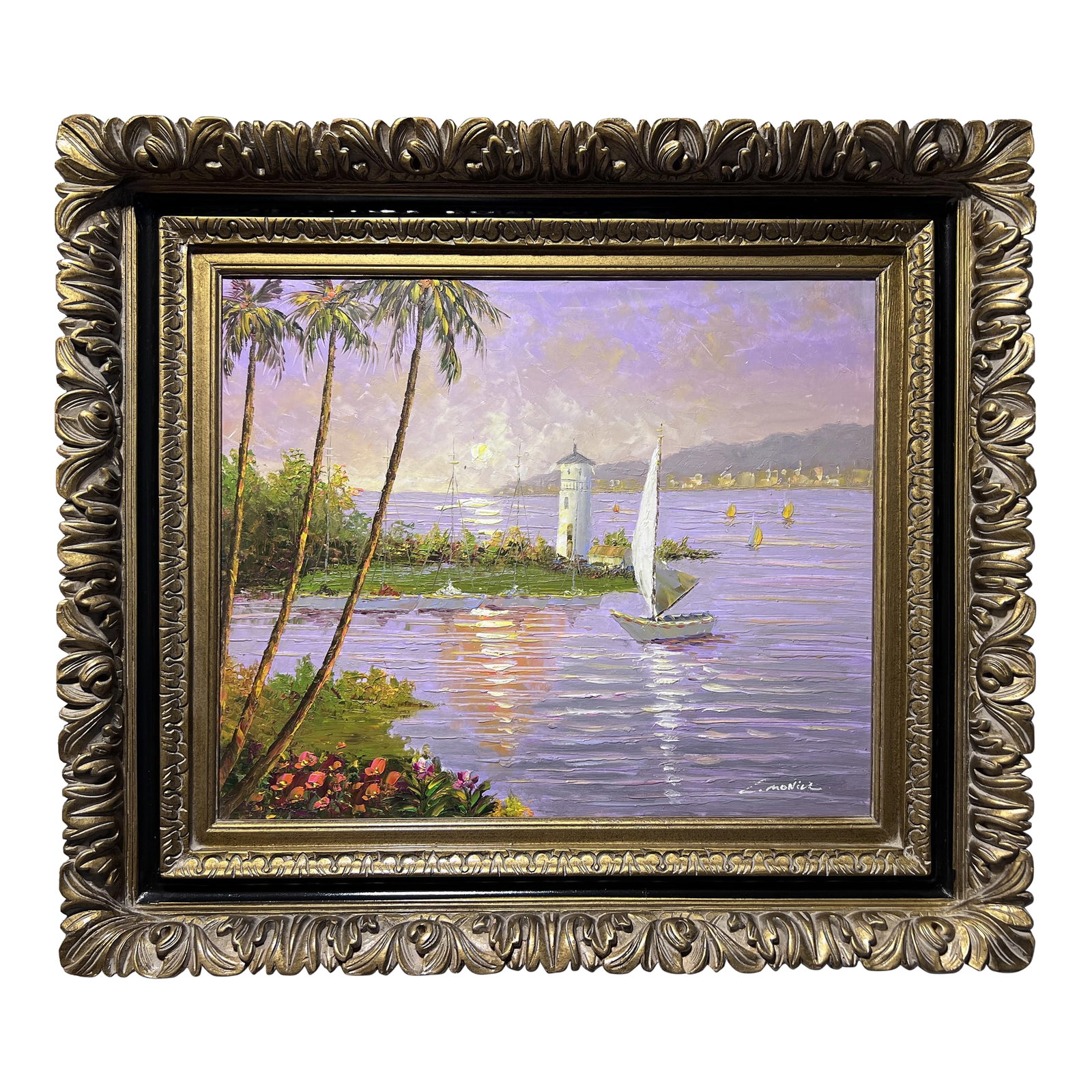 Original Signed Oil Painting on Canvas Seascape, Lighthouse, Harbor View, Framed: Up for sale is a beautiful original oil painting on canvas depicting a seascape with a boat, lighthouse and harbor view on sunset. Illegible signed in a lower-right corner . Presented in a gorgeous or