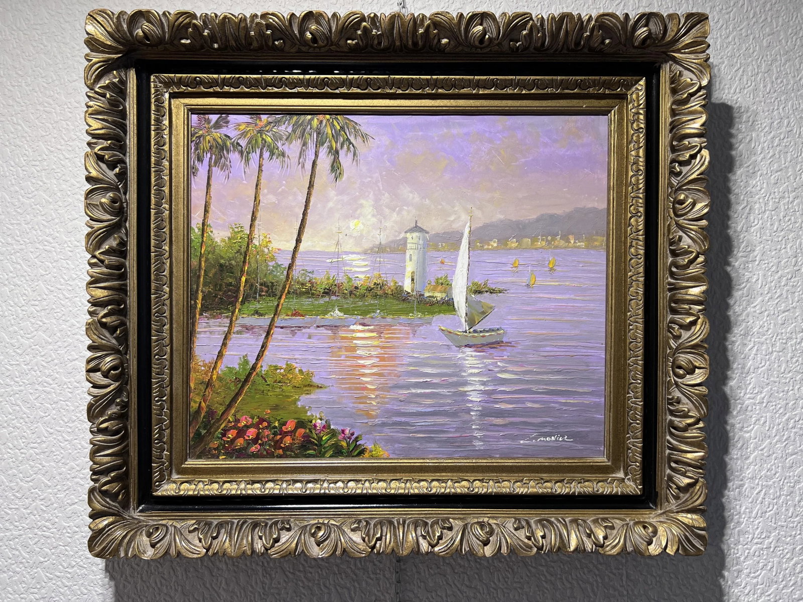 Original Signed Oil Painting on Canvas Seascape, Lighthouse, Harbor View, Framed - 2