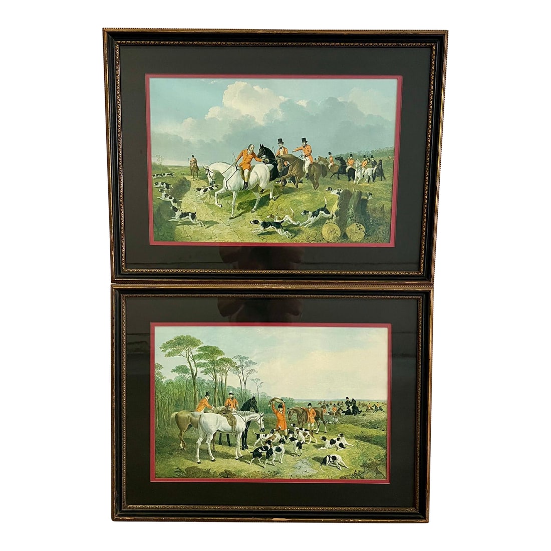 1960s Framed Vintage English Hunting Scene Signed by Jf Herring, Set of 2: Set of 2 Hunting Scene Lithographs beautifully framed with a carved gold frame and black matt with inner red matt to complement the works. Both are signed and dated "Sep. 1858". Artist is John Frederi