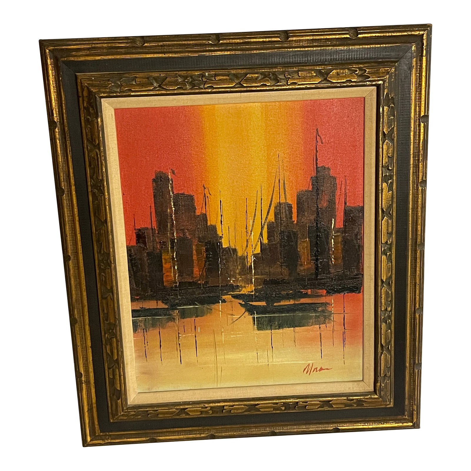 Mexican Mid Century Modern Oil Painting City Bay at Sunset Signed, Framed: Wonderfull bright color sunset with buildings on the bay - Signed by the artist lower right corner - Oil on canvas In very good condition - The cream colored high lights are ment to be no an
