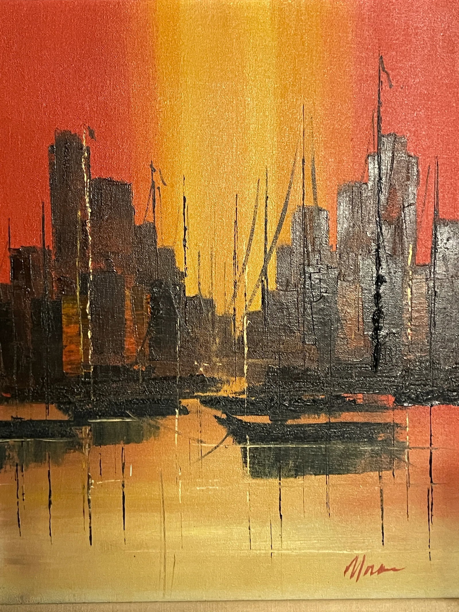 Mexican Mid Century Modern Oil Painting City Bay at Sunset Signed, Framed - 2