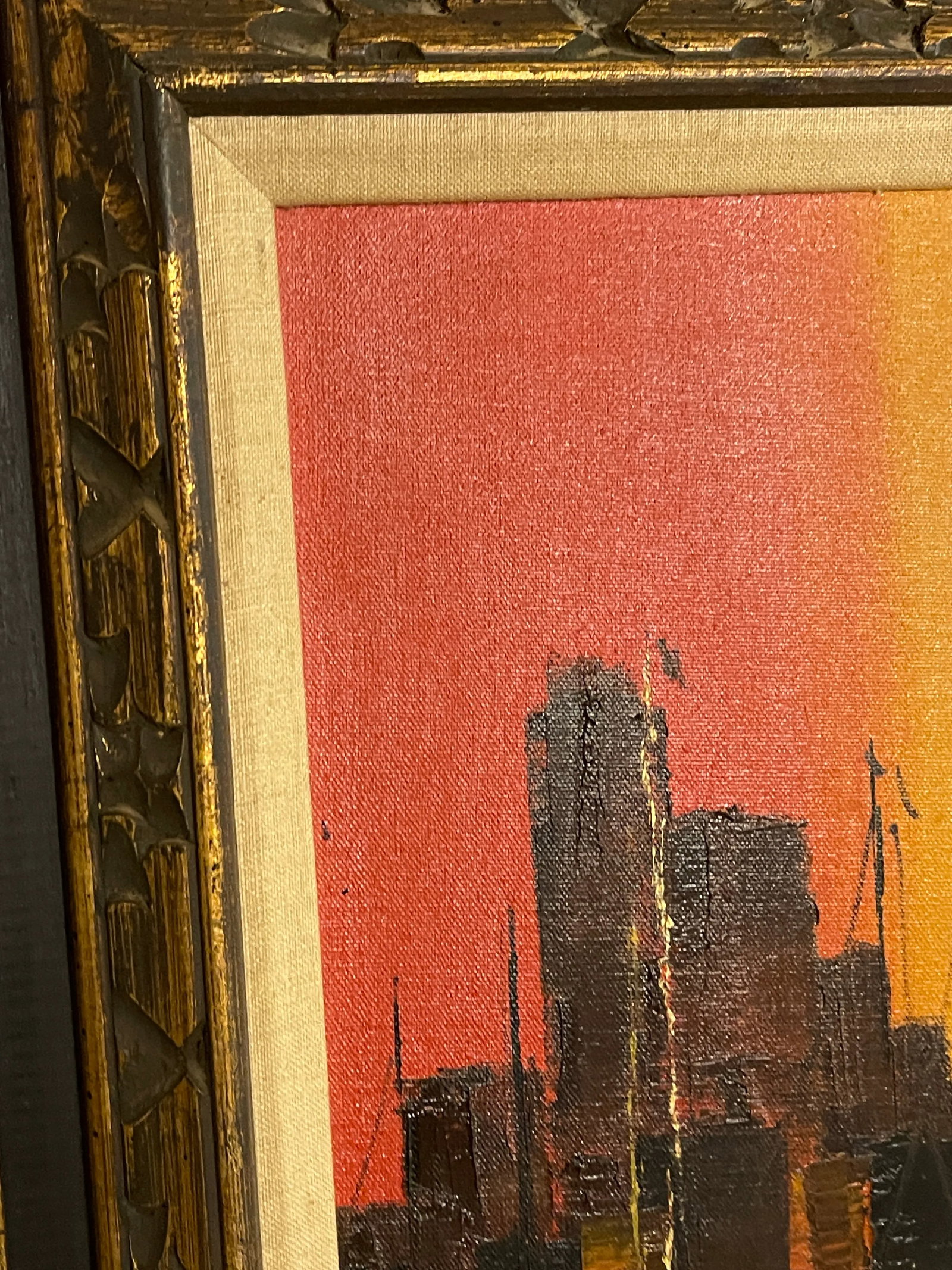 Mexican Mid Century Modern Oil Painting City Bay at Sunset Signed, Framed - 4