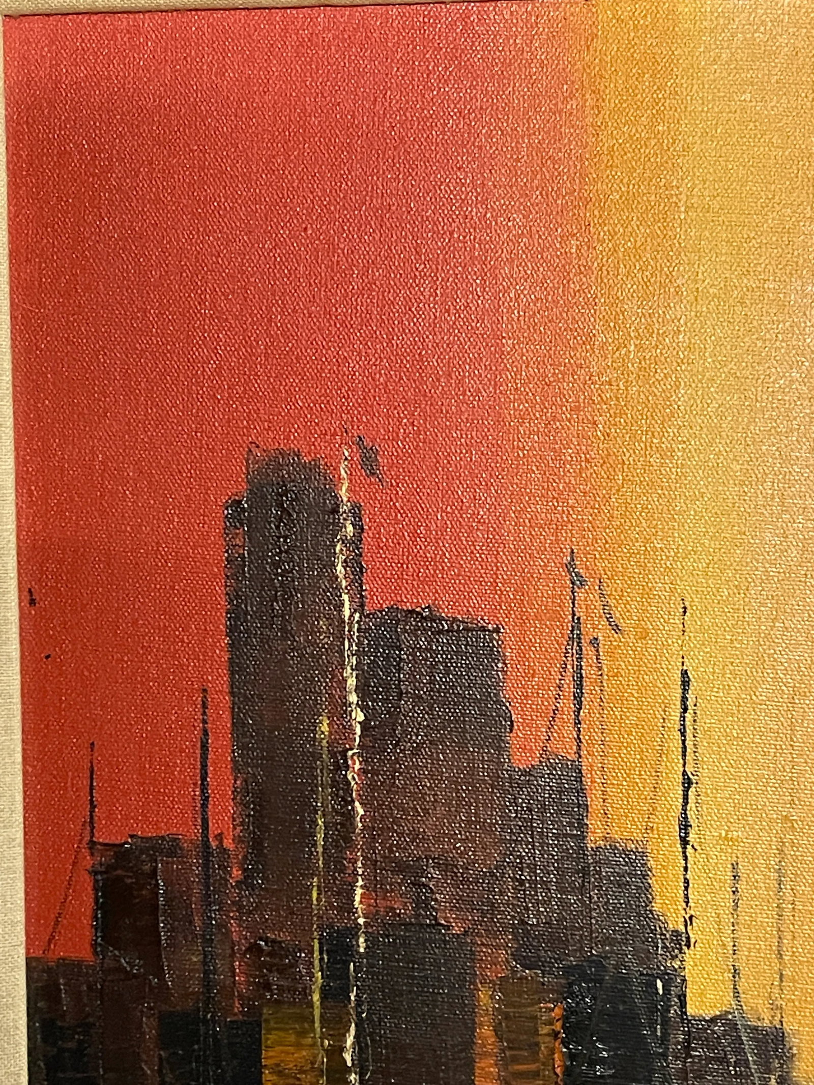 Mexican Mid Century Modern Oil Painting City Bay at Sunset Signed, Framed - 6