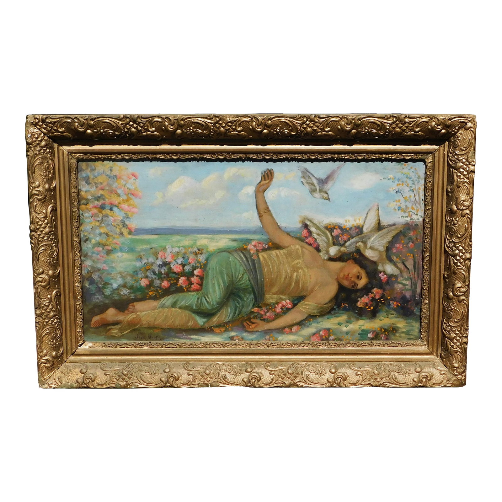 Vintage 19th C Oil Painting , Signed , Reclining Woman With Birds and Flowers, Framed: Vintage 19th century oil painting on canvas mounted on masonite. Image 14.5 x 26.5", signed lower left. Mystery artist. Frame in rough shape Condition: Alterations: Original Condition Unaltered