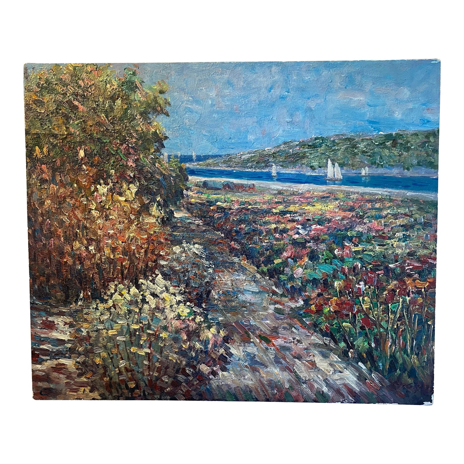 Impressionist Original Colorful Floral Landscape Oil Painting With Sailboats on a River Signed 1976: This original landscape oil painting from 1976 captures the essence of impressionism with its vibrant colors and floral themes. Created on a large canvas, this unframed piece features sailboats on a
