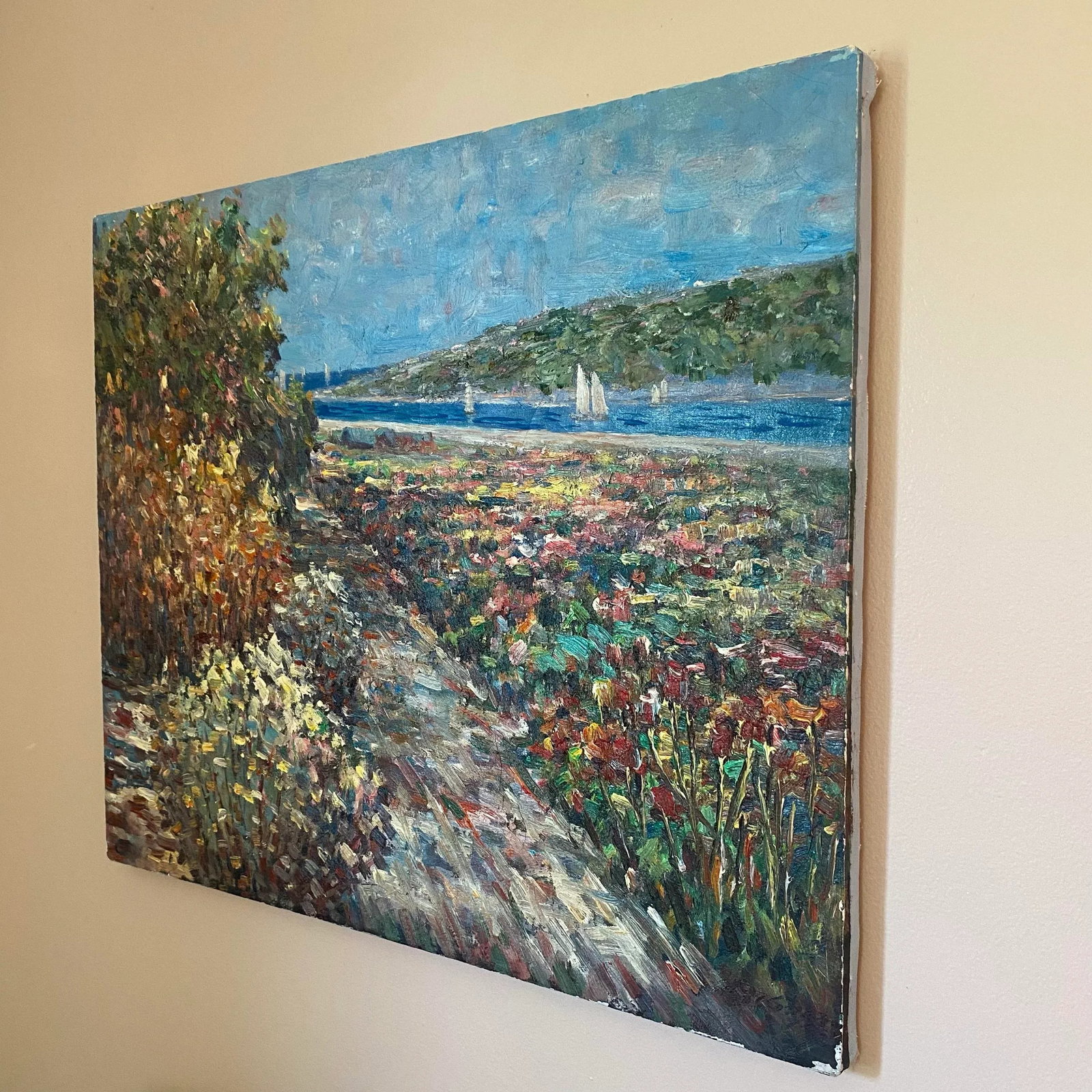 Impressionist Original Colorful Floral Landscape Oil Painting With Sailboats on a River Signed 1976 - 2