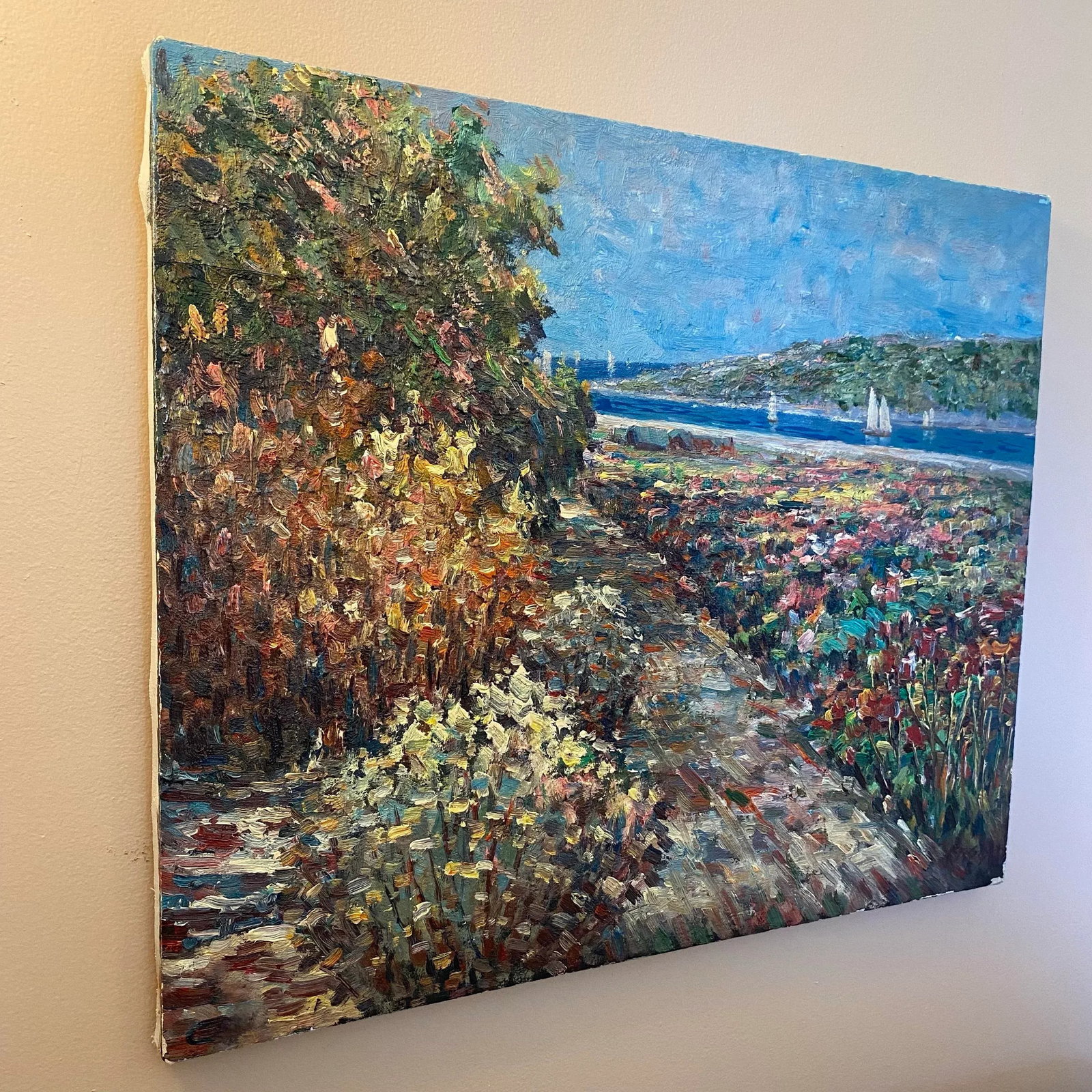 Impressionist Original Colorful Floral Landscape Oil Painting With Sailboats on a River Signed 1976 - 3
