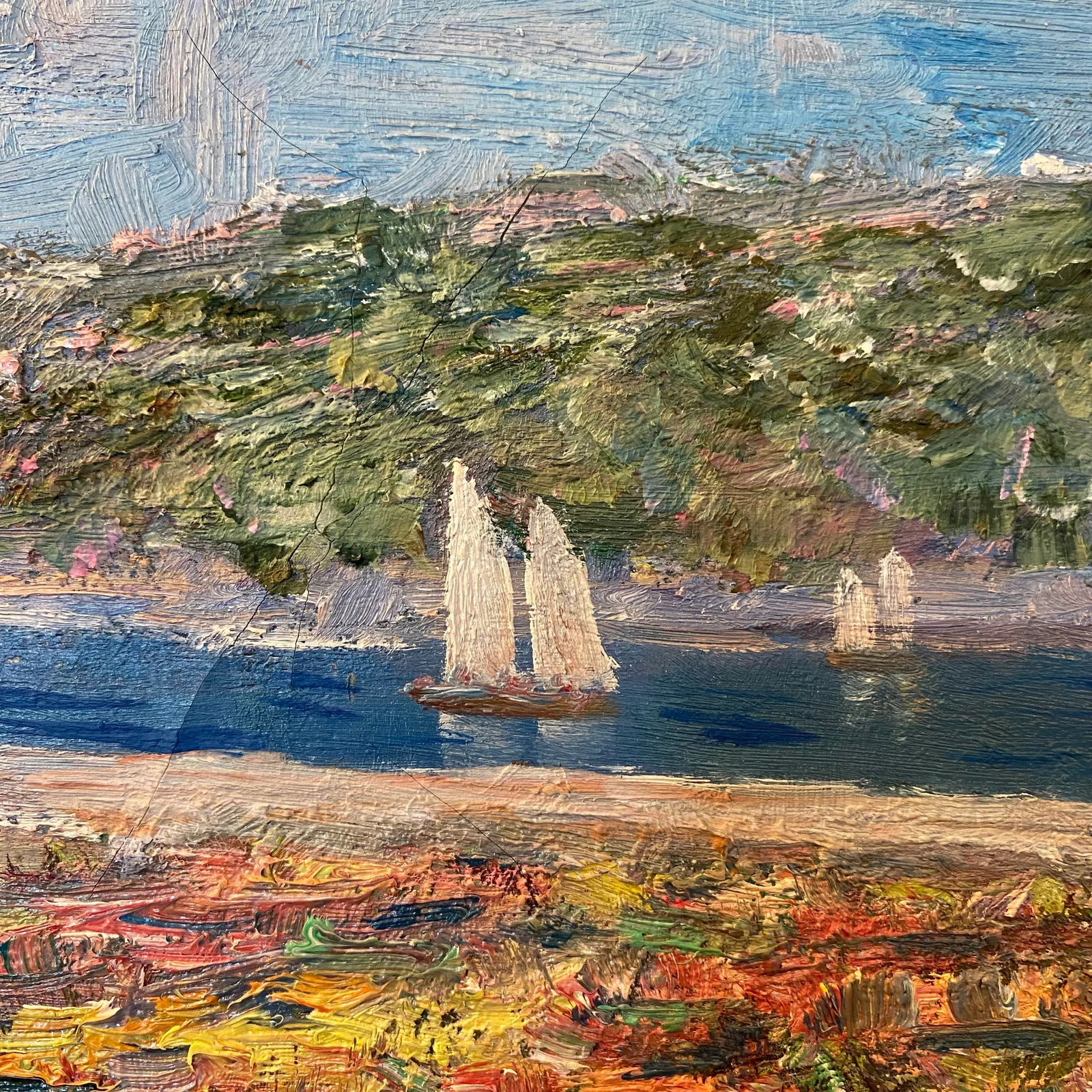 Impressionist Original Colorful Floral Landscape Oil Painting With Sailboats on a River Signed 1976 - 6