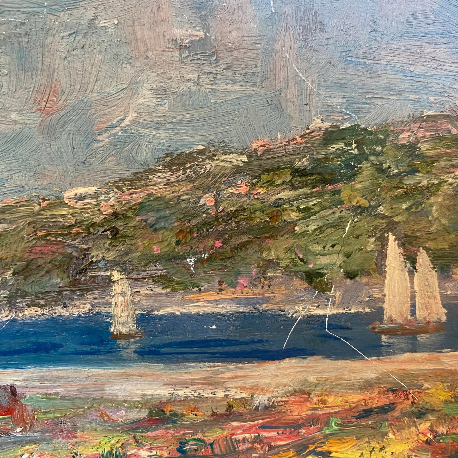 Impressionist Original Colorful Floral Landscape Oil Painting With Sailboats on a River Signed 1976 - 9