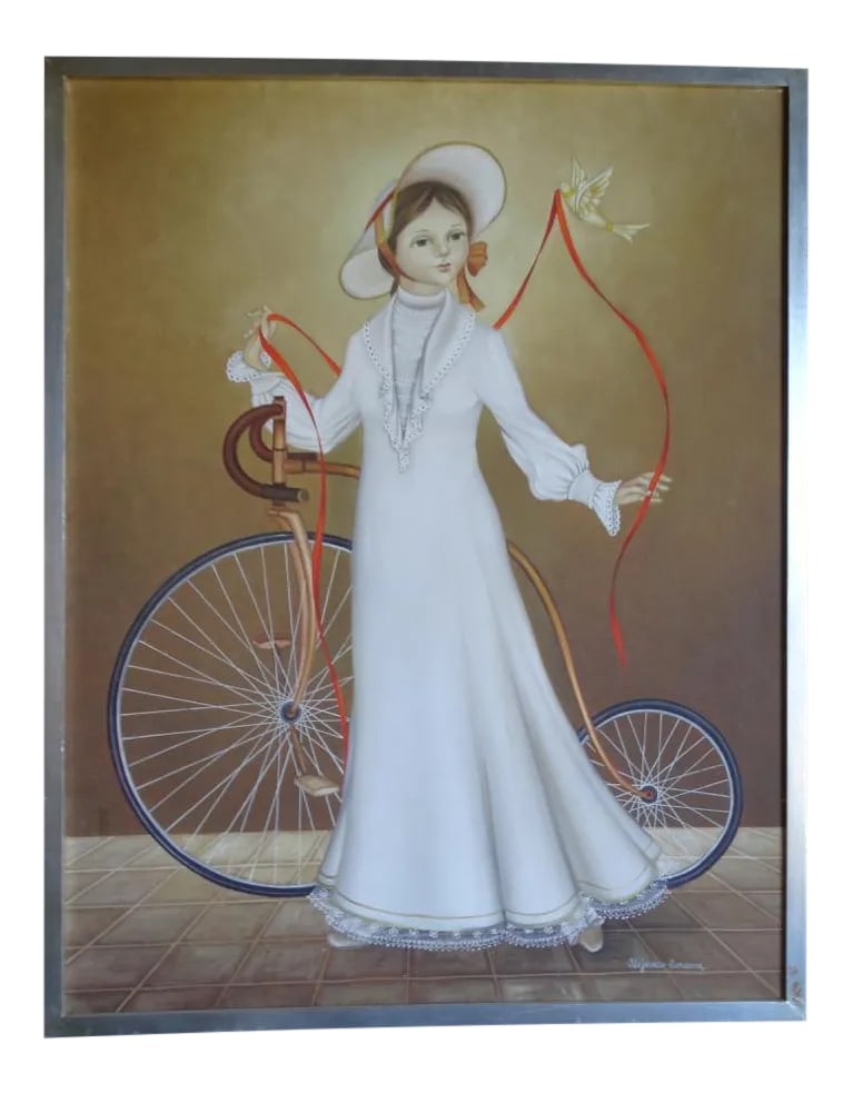 Alejandro Camarena Painting, Girl With a Penny Farthing Bicycle, a Dove and a Long Red Ribbon: Circa 1970s. An artist of wit and charm and certain playful surrealism, Camarena specialized in these fantasy ninas, often quoting works by other painters. There is no darkness in him, nor is there