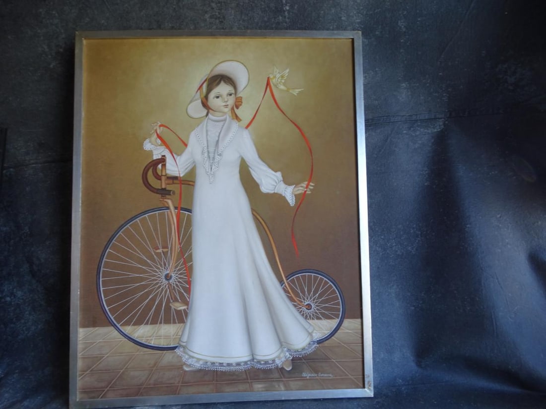 Alejandro Camarena Painting, Girl With a Penny Farthing Bicycle, a Dove and a Long Red Ribbon - 2