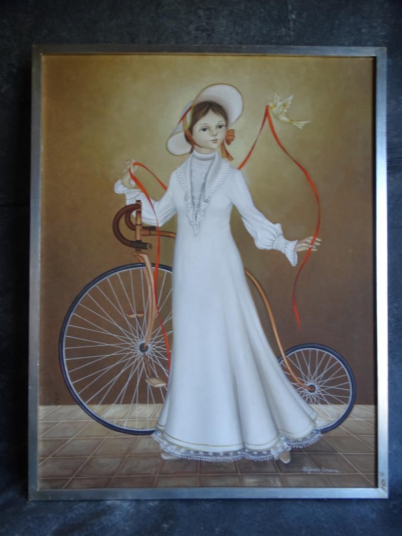 Alejandro Camarena Painting, Girl With a Penny Farthing Bicycle, a Dove and a Long Red Ribbon - 3