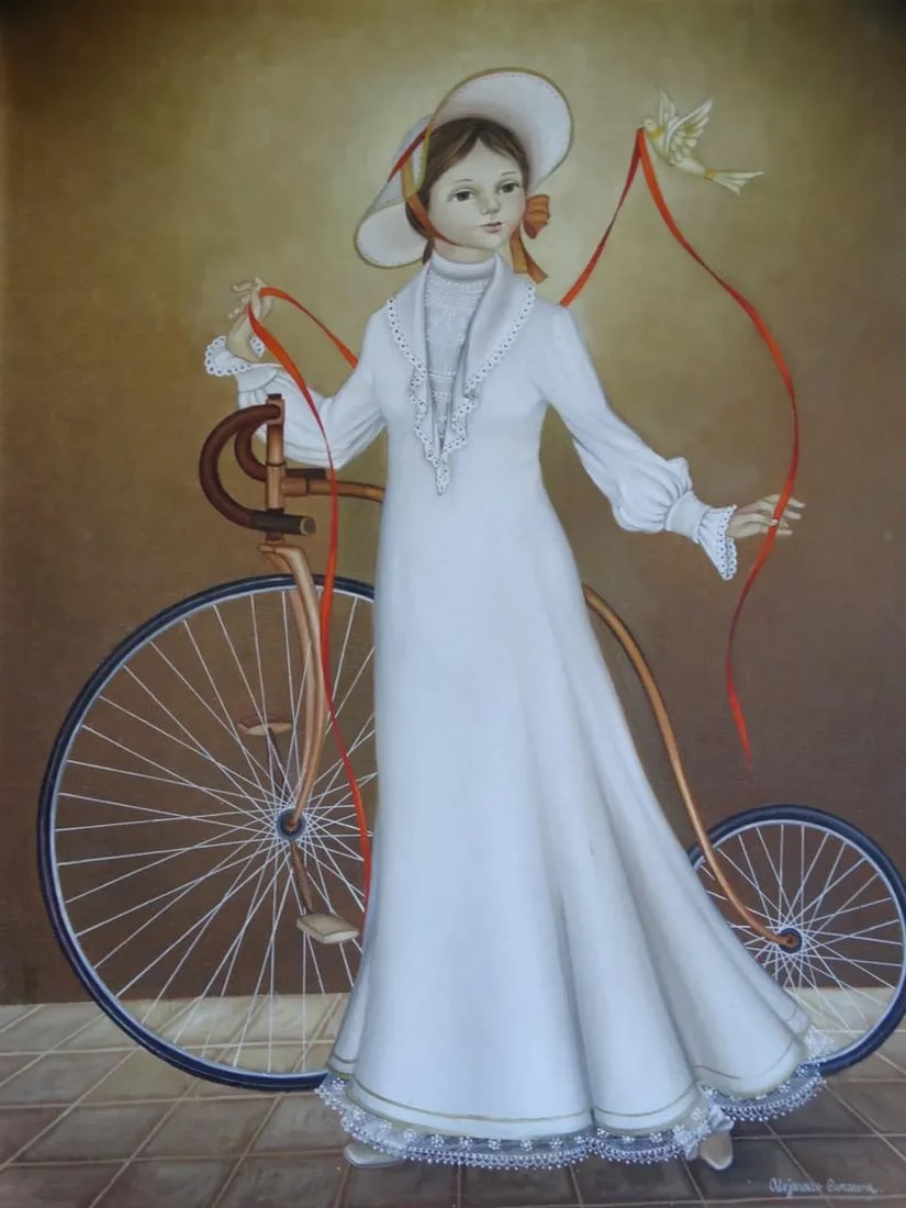 Alejandro Camarena Painting, Girl With a Penny Farthing Bicycle, a Dove and a Long Red Ribbon - 5