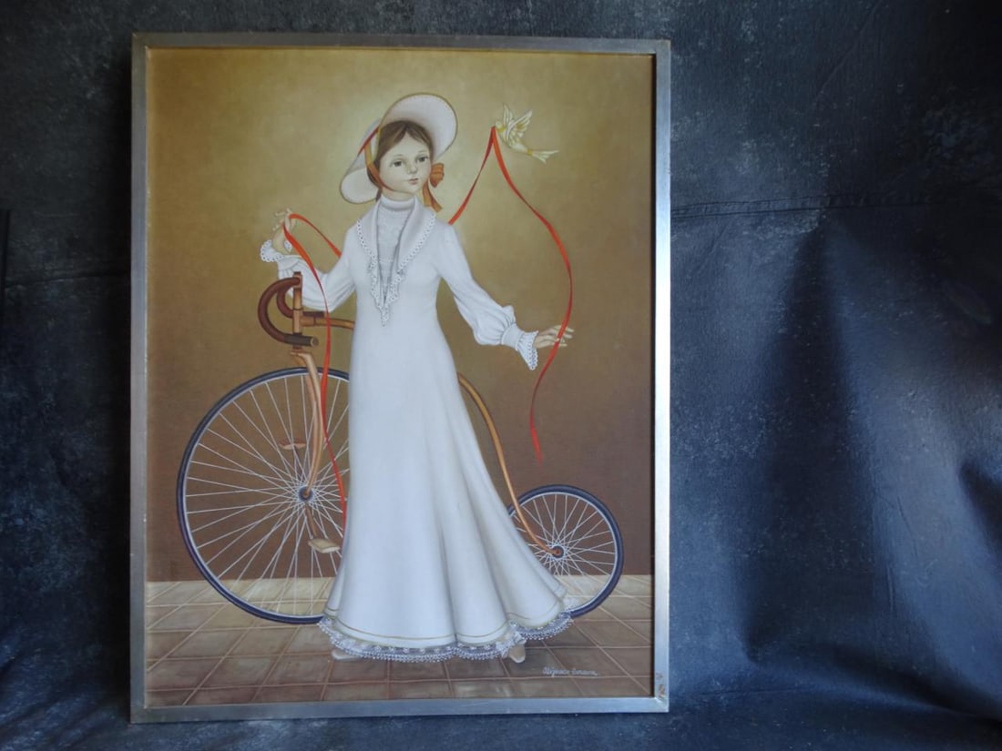 Alejandro Camarena Painting, Girl With a Penny Farthing Bicycle, a Dove and a Long Red Ribbon - 8
