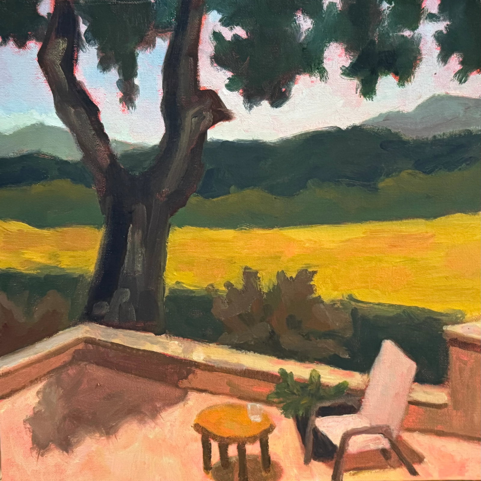 Patio at Bend House, Ft. Lewis, Bath County Va Contemporary Landscape Oil Painting by Teresa DiMar: This landscape oil painting was painted onsite, "en plein air" in Bath County, Virginia, at Fort Lewis Farm. The subject was painted in the fall from the patio at the Bend House looking under the