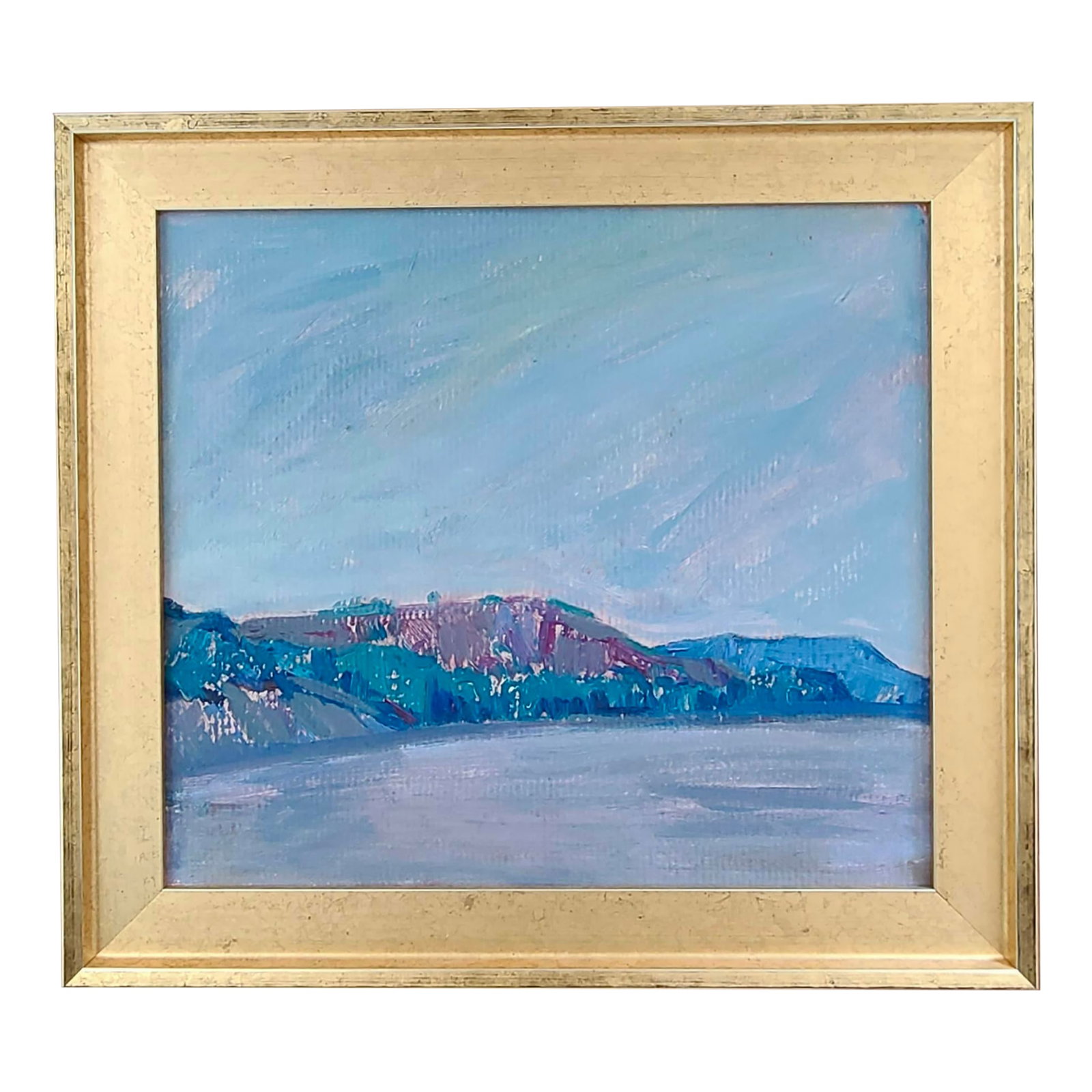 Original Framed Acrylic on Board "Seaside Bluffs": Original art - framed acrylic on board Saturated blues and purples are particularly striking in the custom gold frame. Unsigned Condition: Alterations: Original Condition Unaltered Imperfections: