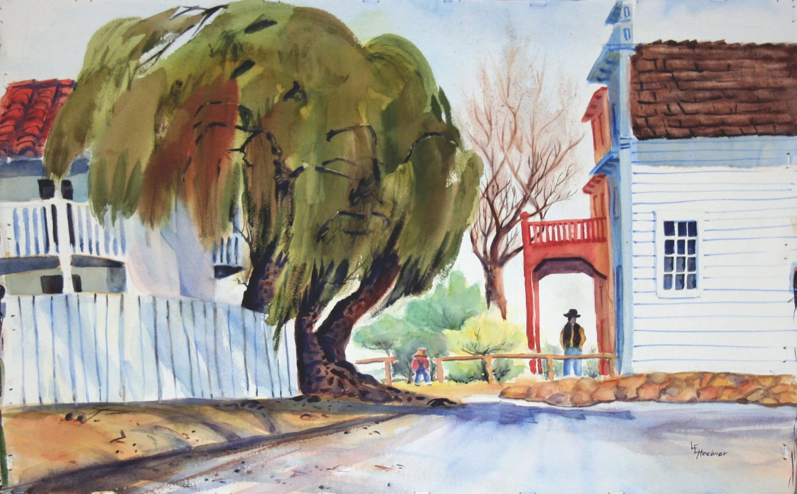 1970s "Gold Rush Town Columbia, California" Landscape Drawing by L. Heebner: Colorful watercolor painting of Columbia, California, showing two men in cowboy hats. By L.E. Heebner, a Monterey Bay area artist. Signed "L.E. Heebner" bottom right. Unframed. Image: 15"H x 23"W.
