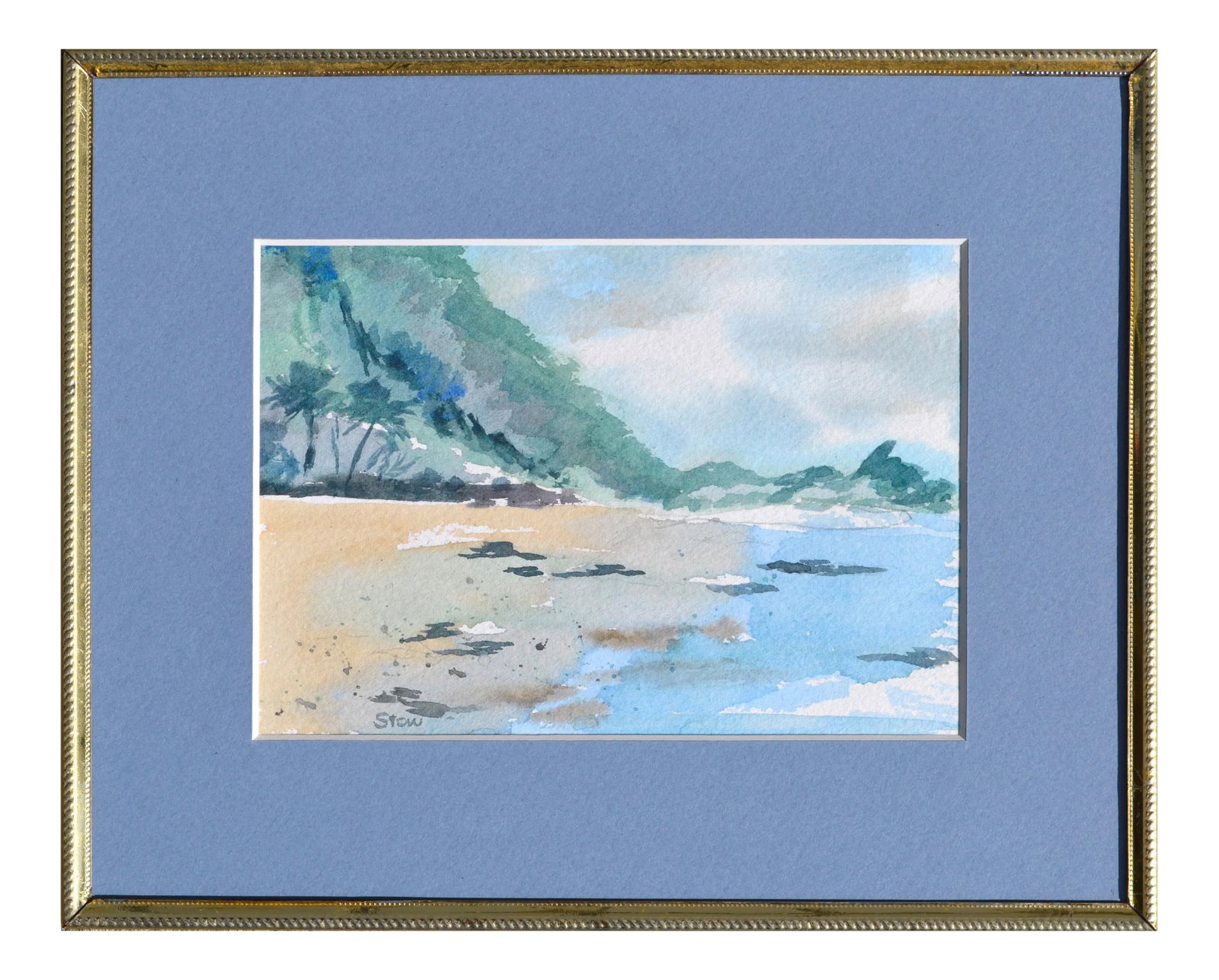 Maryann Stow Florida Coast Watercolor Landscape circa 1980: Serene watercolor of coastal Florida by an unknown artist named Stow (American, 1955-2016). Signed "Stow" in the lower left corner. Presented in a blue mat with a simple metal frame with glass. Image
