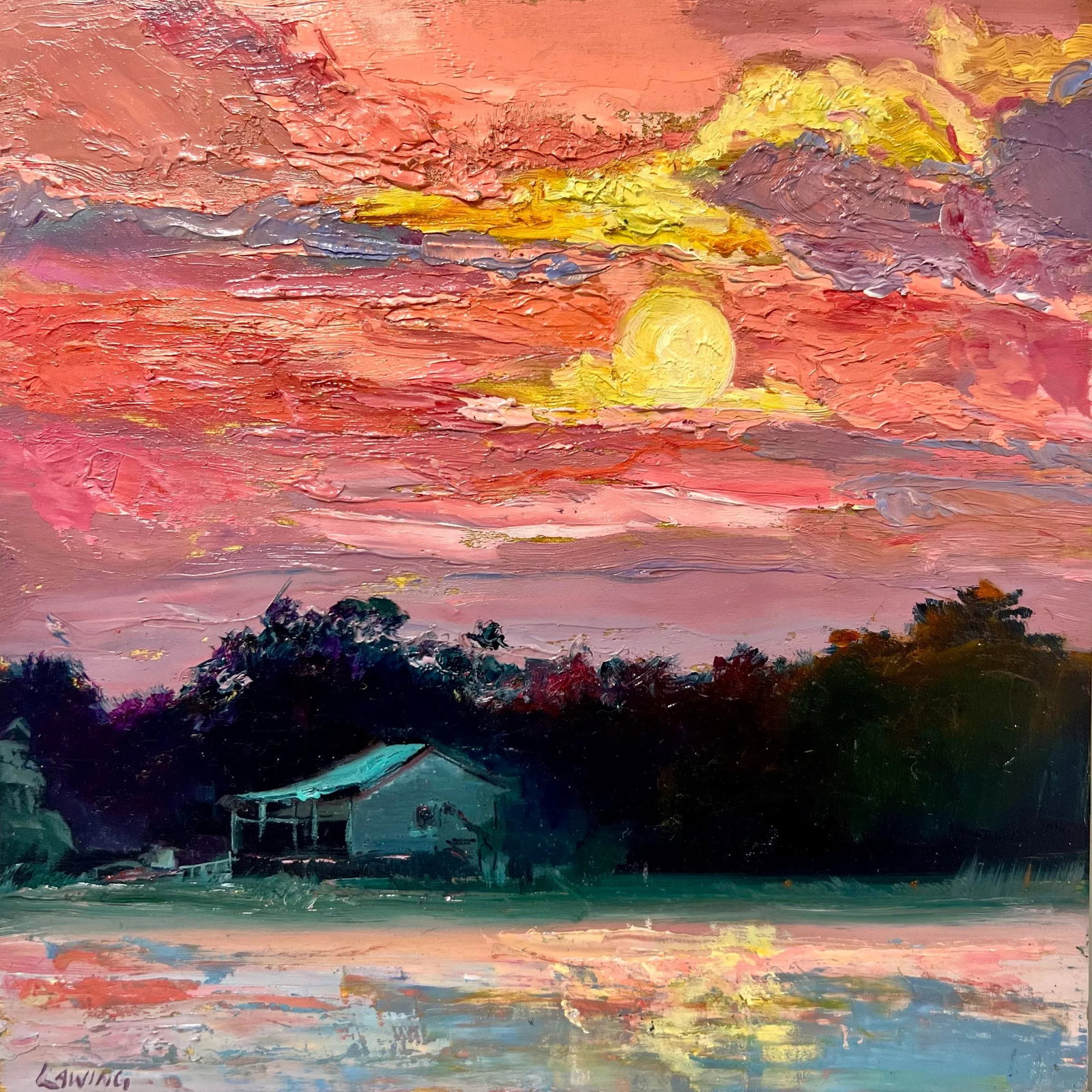 Village Creek Sunset, Original Oil Painting by Julia Lawing: Sunset over lowcountry cabin nestled amongst the live oaks on the banks of a coastal creek. One-of-a-kind original oil painting on an 8x8-inch shellacked cradled wood panel. Perfect for resting on a