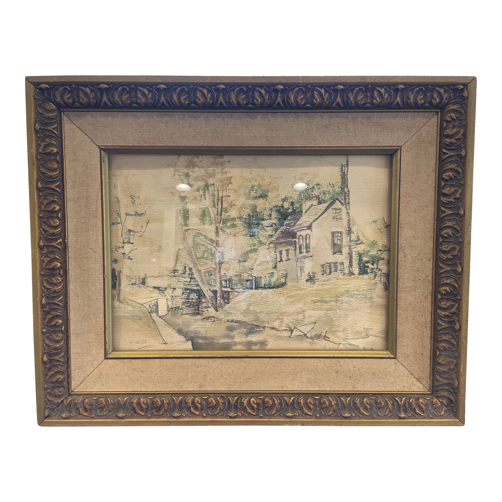 Vintage Watercolor Painting - Bucks County Impressionist Landscape in Antique Frame, 1961: The Bucks County region of Pennsylvania has a storied artistic legacy as the home of an important American art colony that flourished from the early 1900s through the mid-century, with artists drawn
