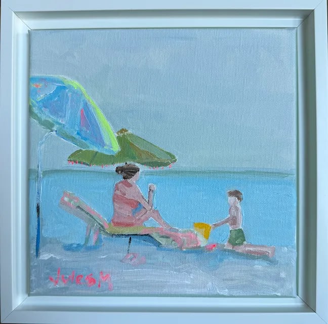 La Playa, Original Acrylic Painting of Woman and Child on the Beach, Framed (1 of 2)