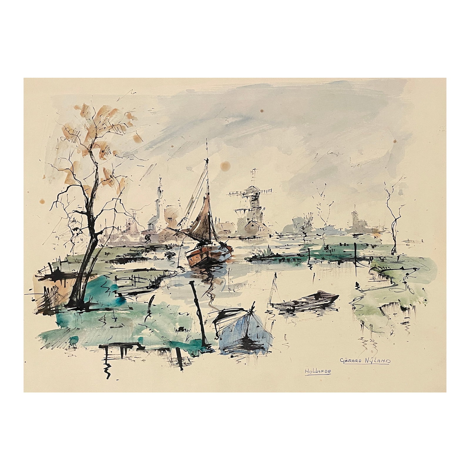 1950s Gerard Nyland Holland Watercolor: Gerard H. Nyland (Dutch, born 1917) "Holland" MCM watercolor on paper. Pencil signed and titled. Combined shipping available: please inquire. Condition: Alterations: Original Condition Unaltered