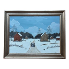 Vintage Bucks County Pa Folk Art Landscape Farm Snow Scene Framed Painting