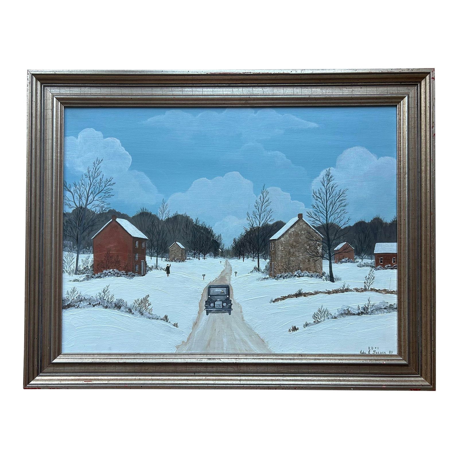 Vintage Bucks County Pa Folk Art Landscape Farm Snow Scene Framed Painting: This folk art painting is from an estate in Bucks County Pa. Painting is acrylic paint on wood board. Signed and dated to the lower right. In original wood frame, nice gallery label on back.