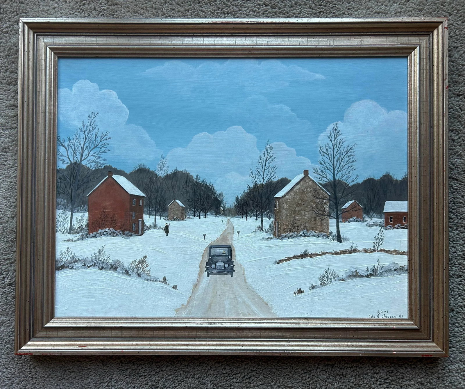 Vintage Bucks County Pa Folk Art Landscape Farm Snow Scene Framed Painting - 2