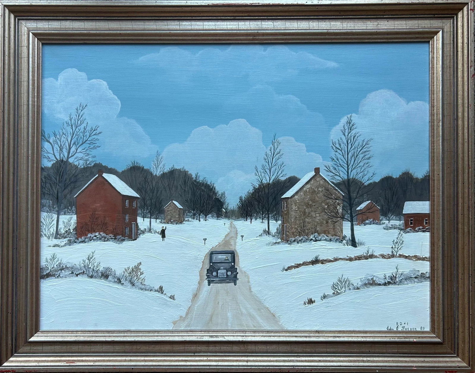 Vintage Bucks County Pa Folk Art Landscape Farm Snow Scene Framed Painting - 3