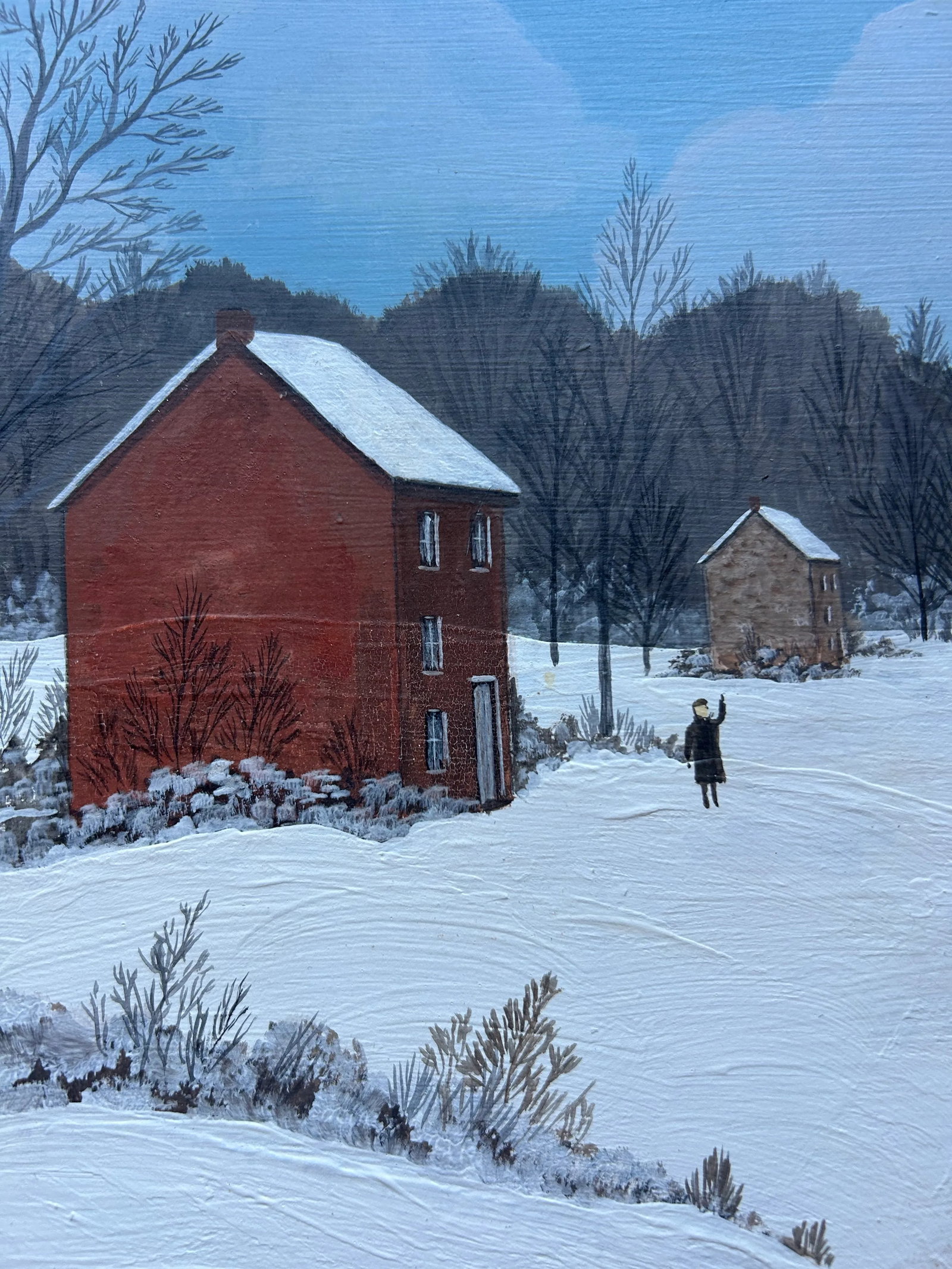 Vintage Bucks County Pa Folk Art Landscape Farm Snow Scene Framed Painting - 4