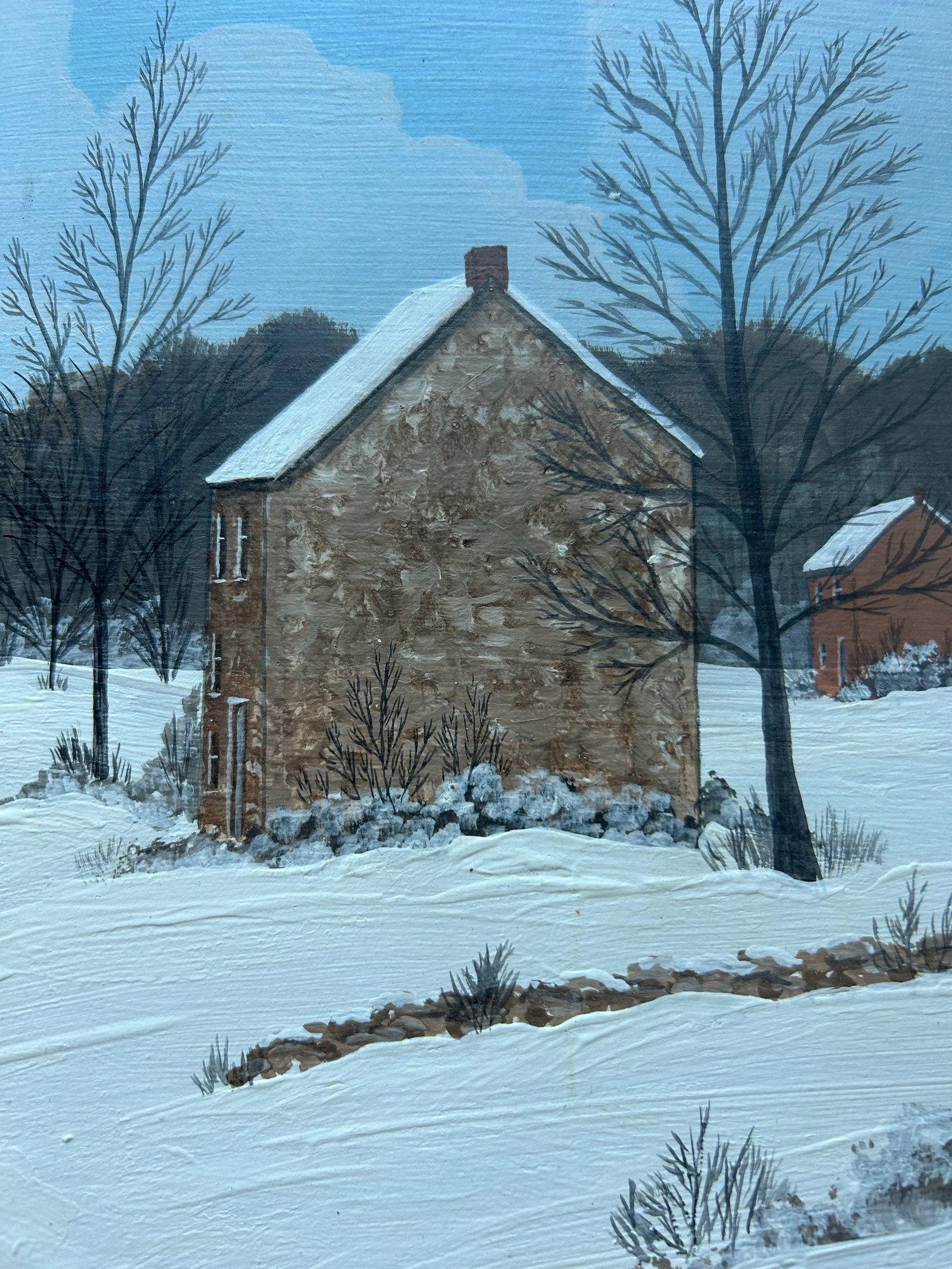 Vintage Bucks County Pa Folk Art Landscape Farm Snow Scene Framed Painting - 6