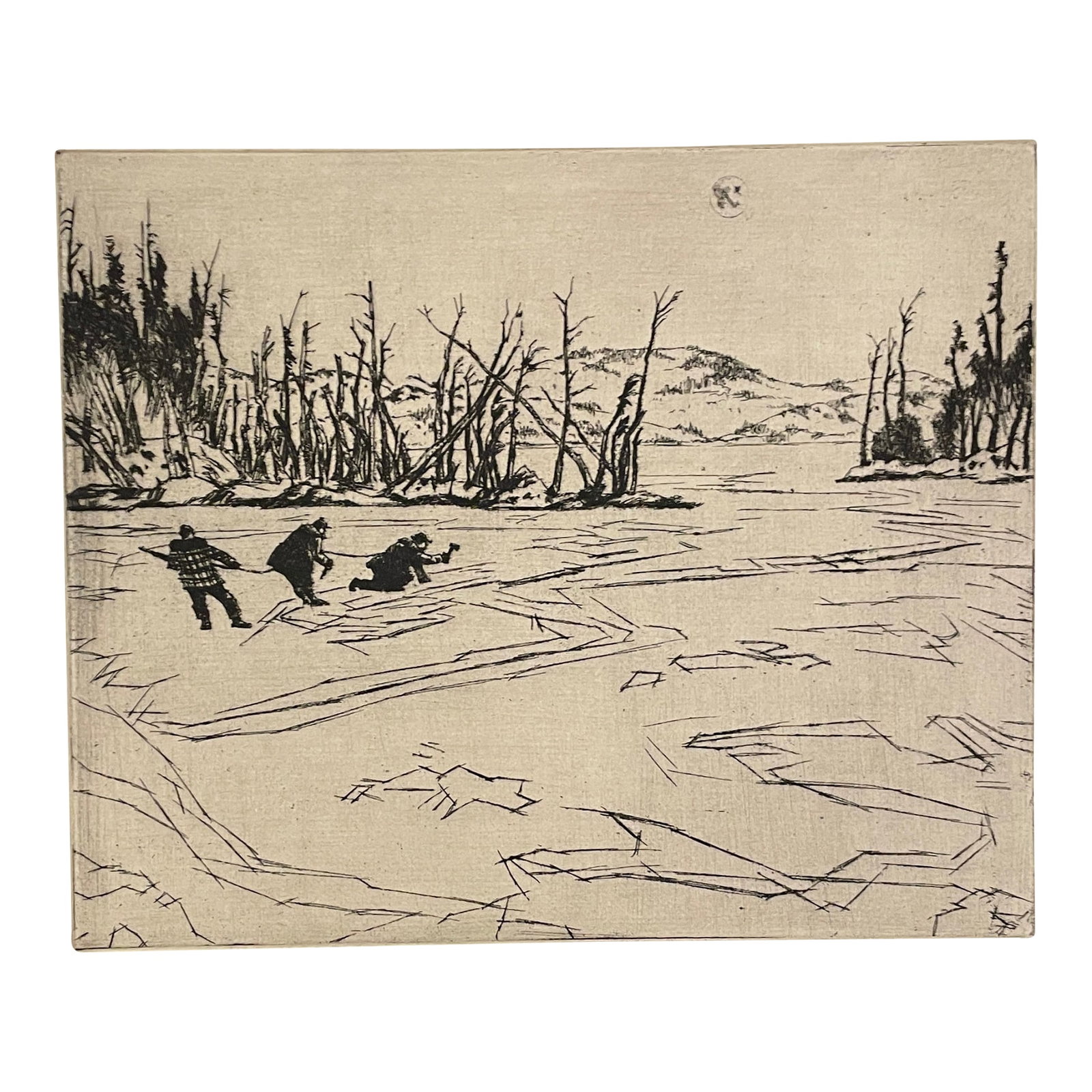 1930s Paul Winchell Ice Fishing Etching: Paul H. Winchell (1903-1972) drypoint of men chopping a hole in the ice, pencil signed lower right. Condition: Alterations: Original Condition Unaltered Imperfections: Some Imperfections Condition Not