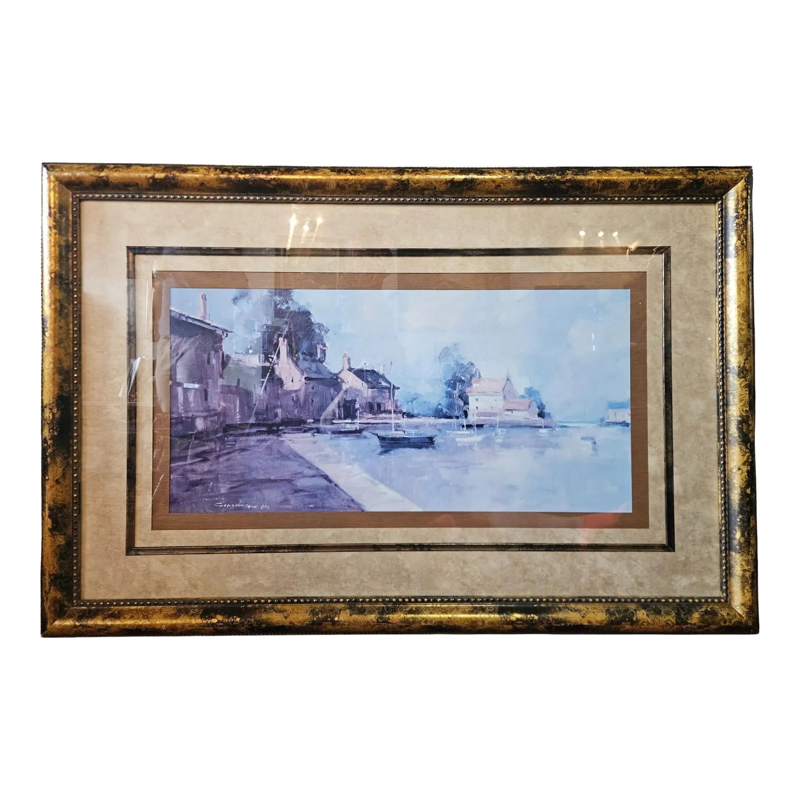 Mid 20th Century Morning Harbor Signed Print by Ted Goerschner - Framed 53 X 35: Morning Harbor Signed Print by Ted Goerschner - Framed 53 x 35 This famous print is beautifully framed in a large heavy-weight frame. The frame has some wear nicks and rubbing, however, the mottled