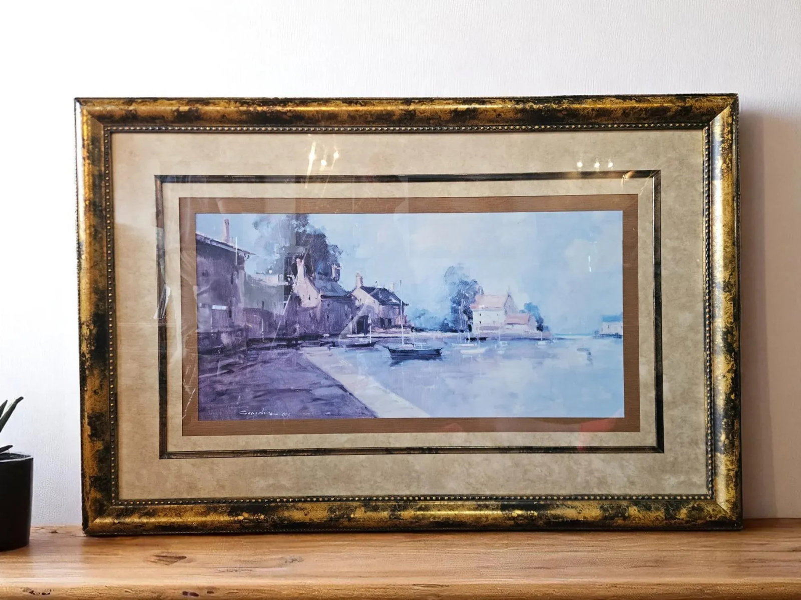 Mid 20th Century Morning Harbor Signed Print by Ted Goerschner - Framed 53 X 35 - 2