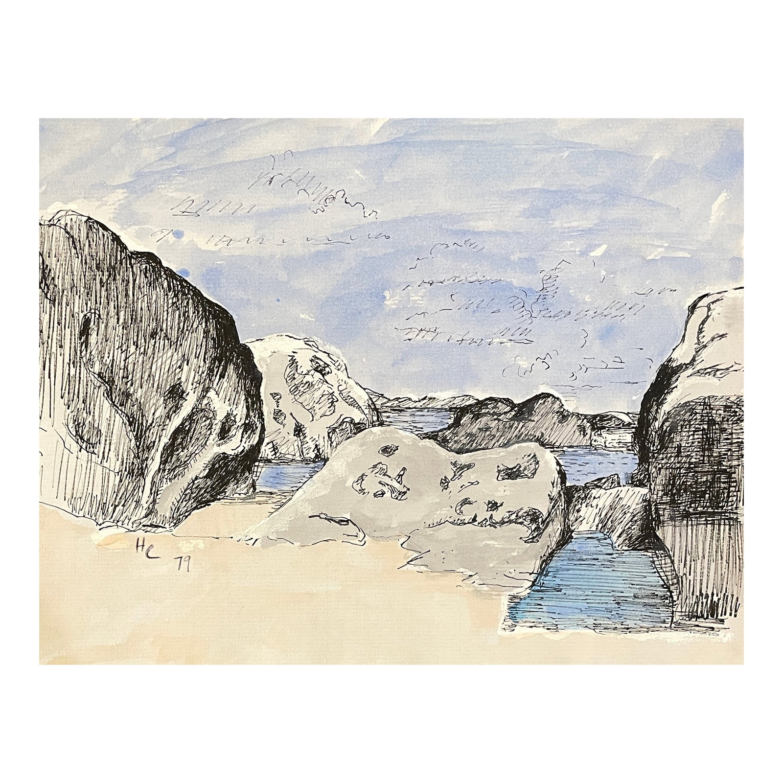 1979 Hayward Ciker Caribbean Beach Watercolor: Painting from the estate of Hayward Cirker (1917-2000) founder of Dover Publications. Cirker sketched frequently during his travels and weekend vacations. Initialed and dated lower left Condition: Alt