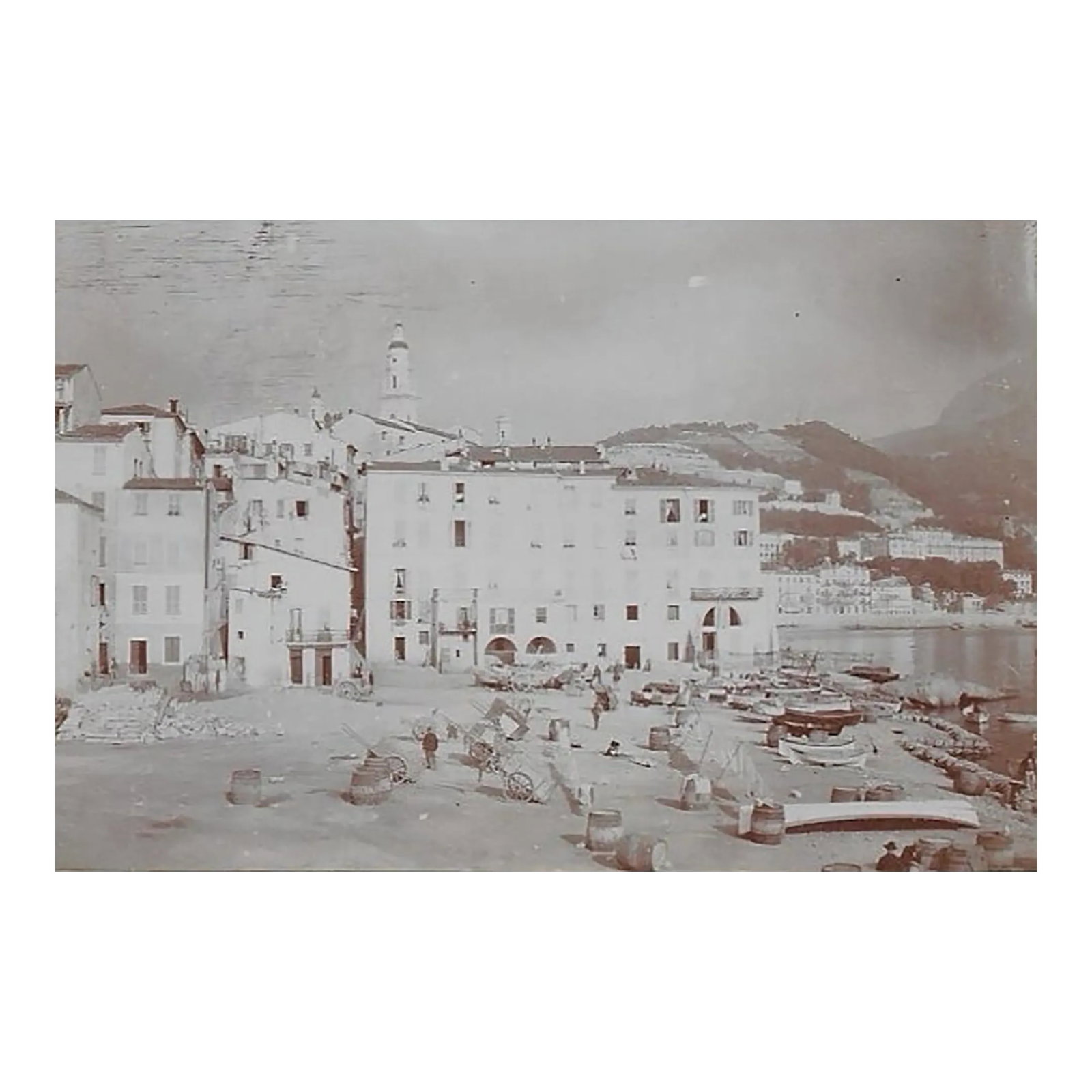Antique Mediterranean Shore Photograph: Circa 1900 miniature photograph of the Mediterranean coast, probably Italy. Unmarked. Condition: Alterations: Original Condition Unaltered Imperfections: Some Imperfections Condition Notes: Good overa