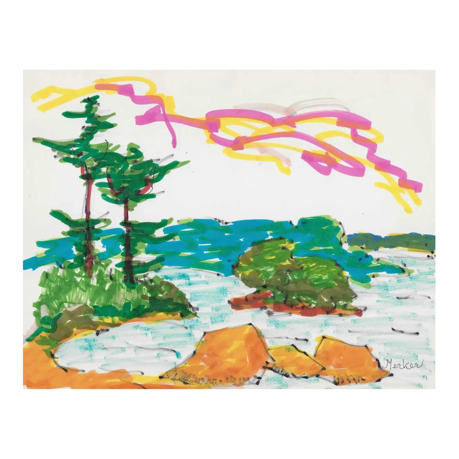 1960s Alexandra Merker New England Landscape: Alexandra Merker (1920-2009) MCM landscape on glossy heavy paper. Signed lower right, estate stamp on back. Combined shipping available, please inquire. Shipping times are significantly shorter than C