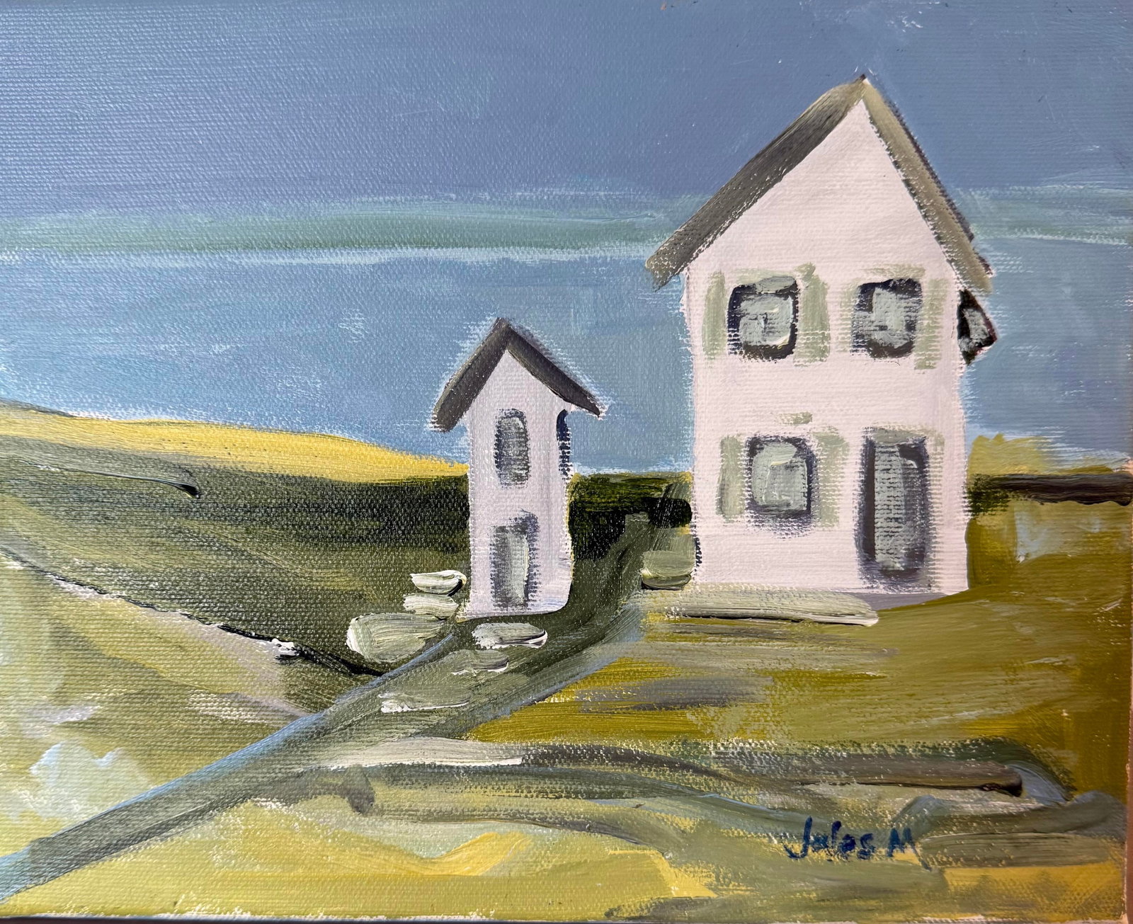 View of the Sea- Contemporary Painting on Canvas: Contemporary painting of cottages by the sea. Landscape with loose, visible brushstrokes. The simplicity makes it perfect for any space. Ready to hang with a back wire. Condition: Imperfections: No