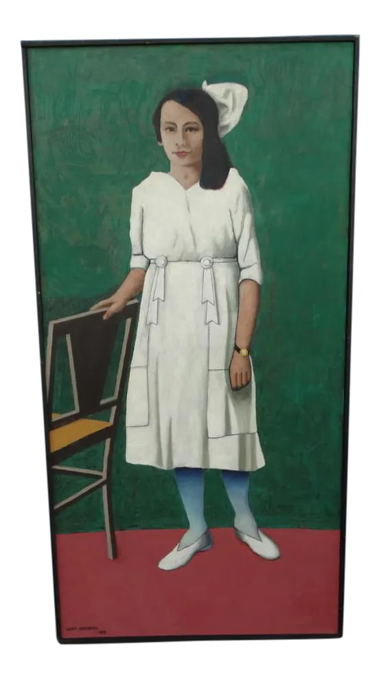 Meyer Greenberg Portrait of a Young Woman in White Oil Painting on Canvas, 1976: Meyer Greenberg fascinates us. This little known outsider artist produced works of astonishing originality throughout his life. Each one we have seen has a gravity and personality all its own. Here, a